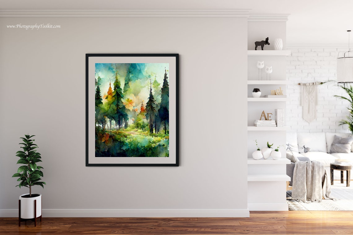 Pine Forest Light Through Trees Watercolor Path Serene Woods Poster - Image 4