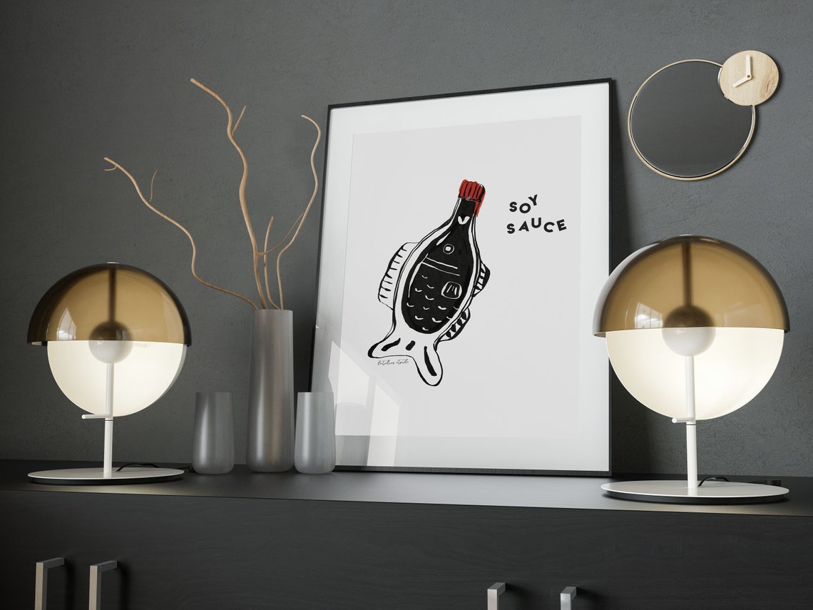 Soy Sauce Fish Bottle Japanese Condiment Kitchen Illustration Poster