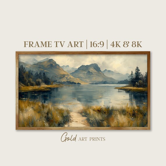 Frame Tv Art Painting Serene Mountain Lake Artwork Vintage Landscape Country Field 4k 8k Gap24047