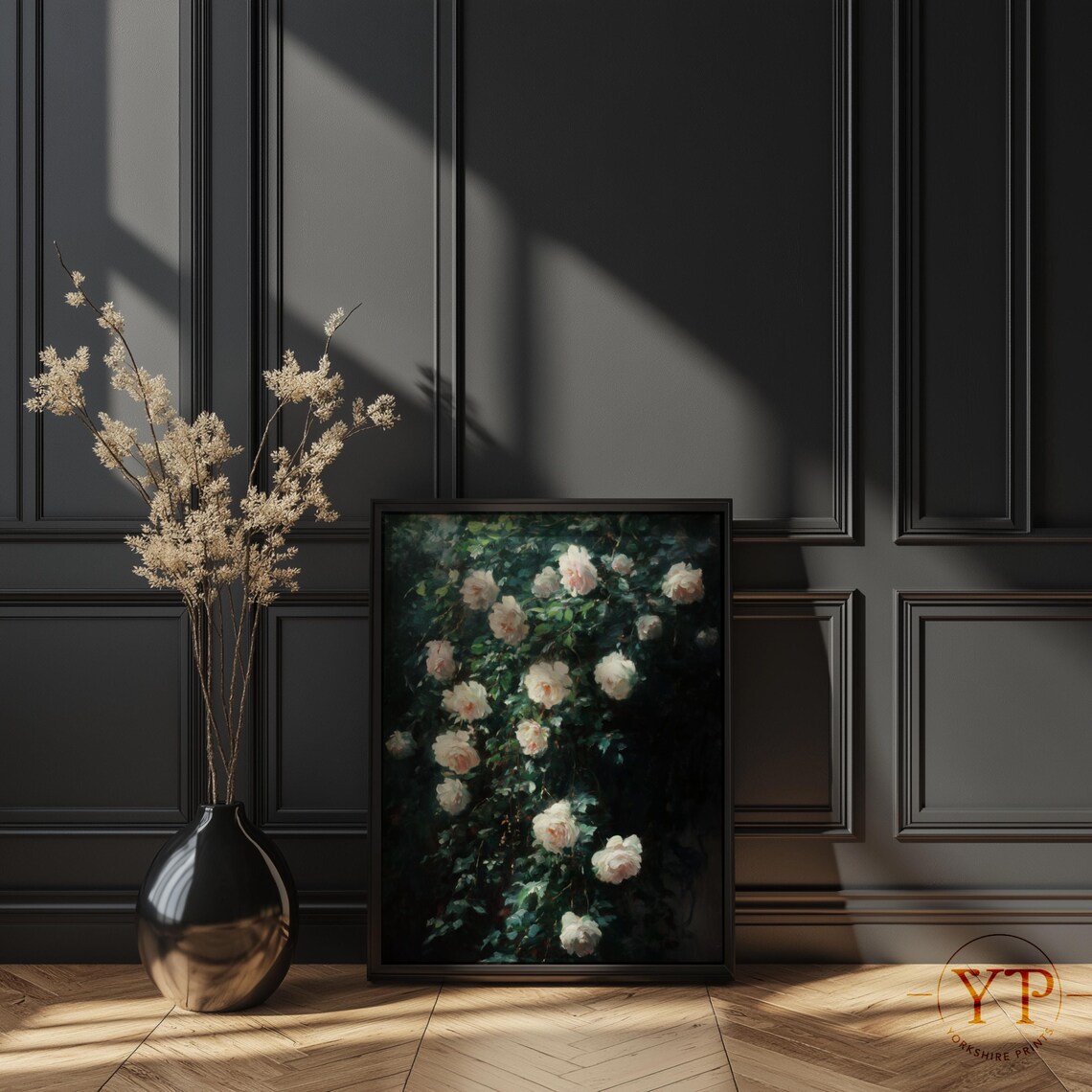 White Climbing Roses Dark Foliage Moody Vintage Floral Art Poster - Image 2