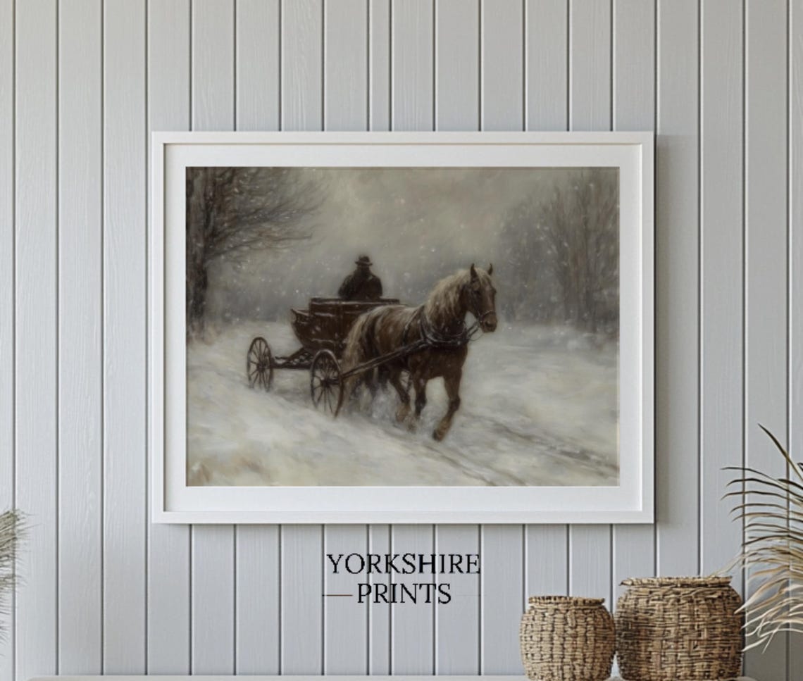 Winter Sleigh Ride Painting Winter Horse Oil Painting Wall Art Vintage Holiday Farmhouse Wall Art Horse And Sleigh Wall Art - Image 3
