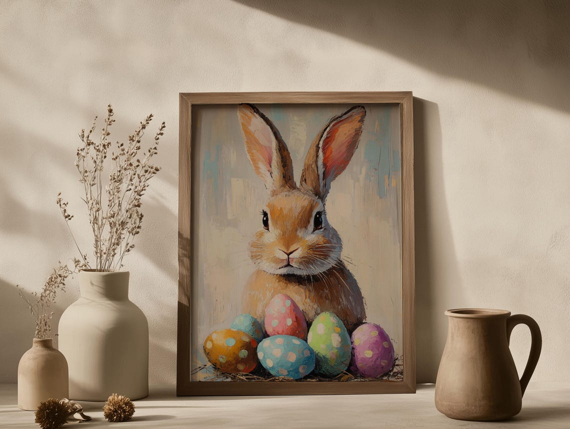 Cute Easter Bunny Egg Hunt Print Vintage Spring Decor Farmhouse Easter Art Print Nursery Wall Art Wall Art - Image 2