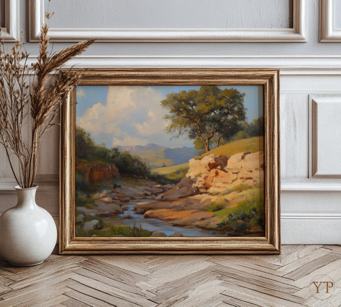 Sunlit Rocky Stream Valley Green Hills Trees Summer Landscape Poster - Image 3