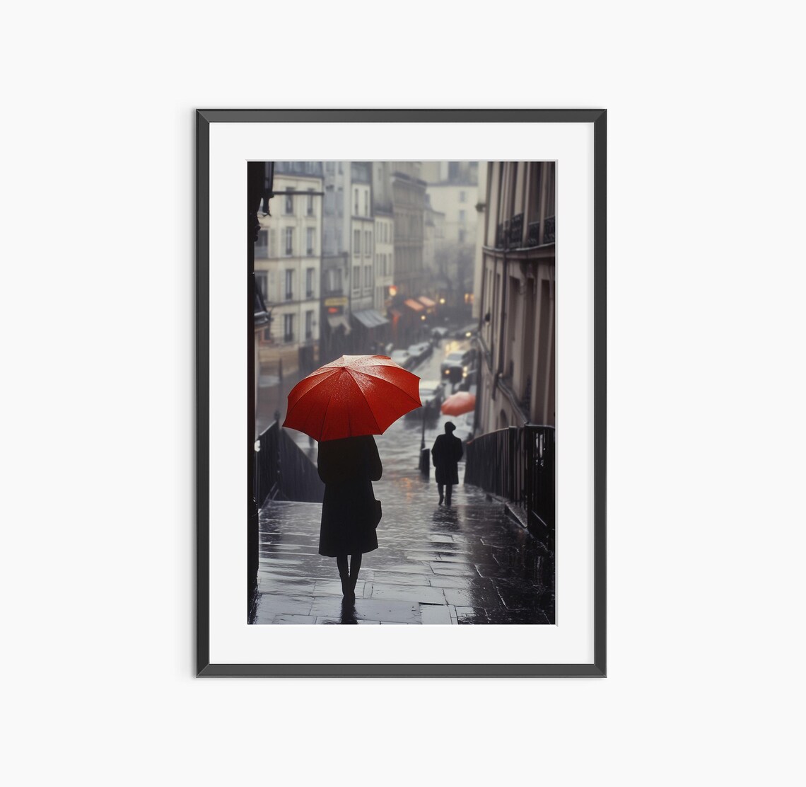 Woman with Red Umbrella on Rainy Paris Street Romantic Photo Poster