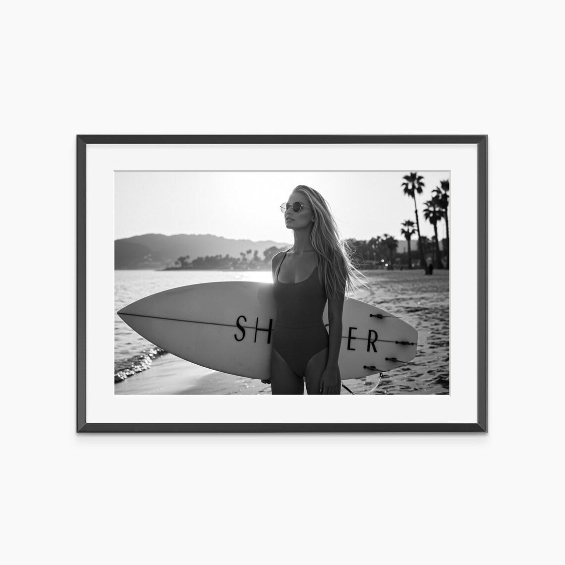 Surfer Girl With Surfboard At Shoreline Black And White Photo Print