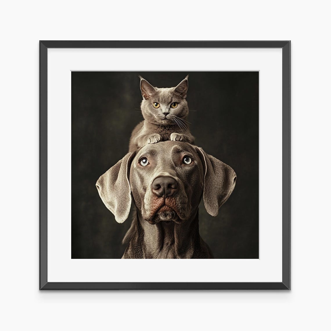 Gray Cat Sitting On Weimaraner Dog Head Studio Portrait Poster