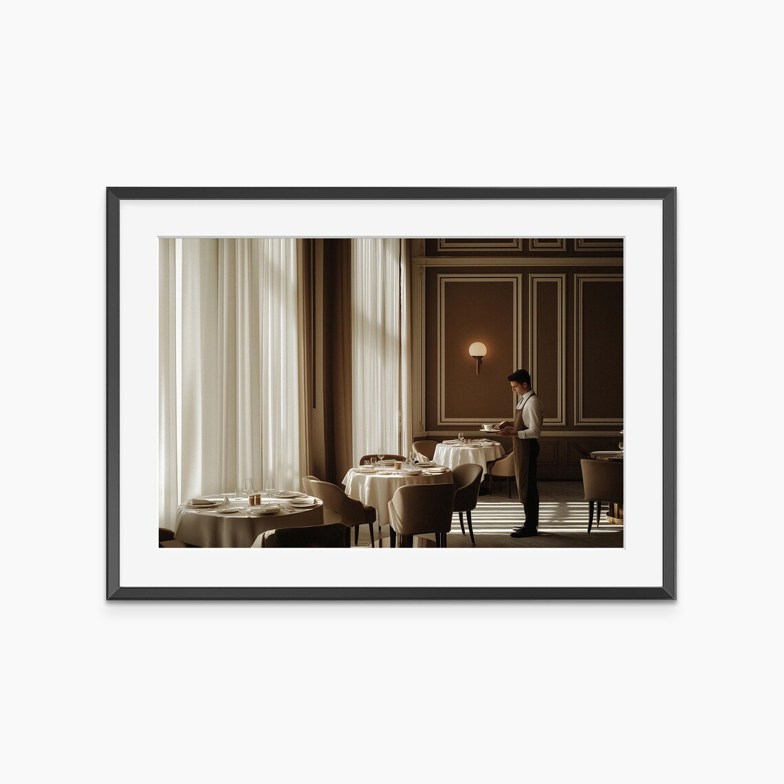 Elegant Restaurant Interior Waiter Setting Tables Soft Light Photo Poster