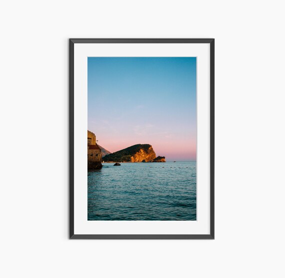 Tranquil Coastal Sunset Seascape Photography Print With Rocky Headland