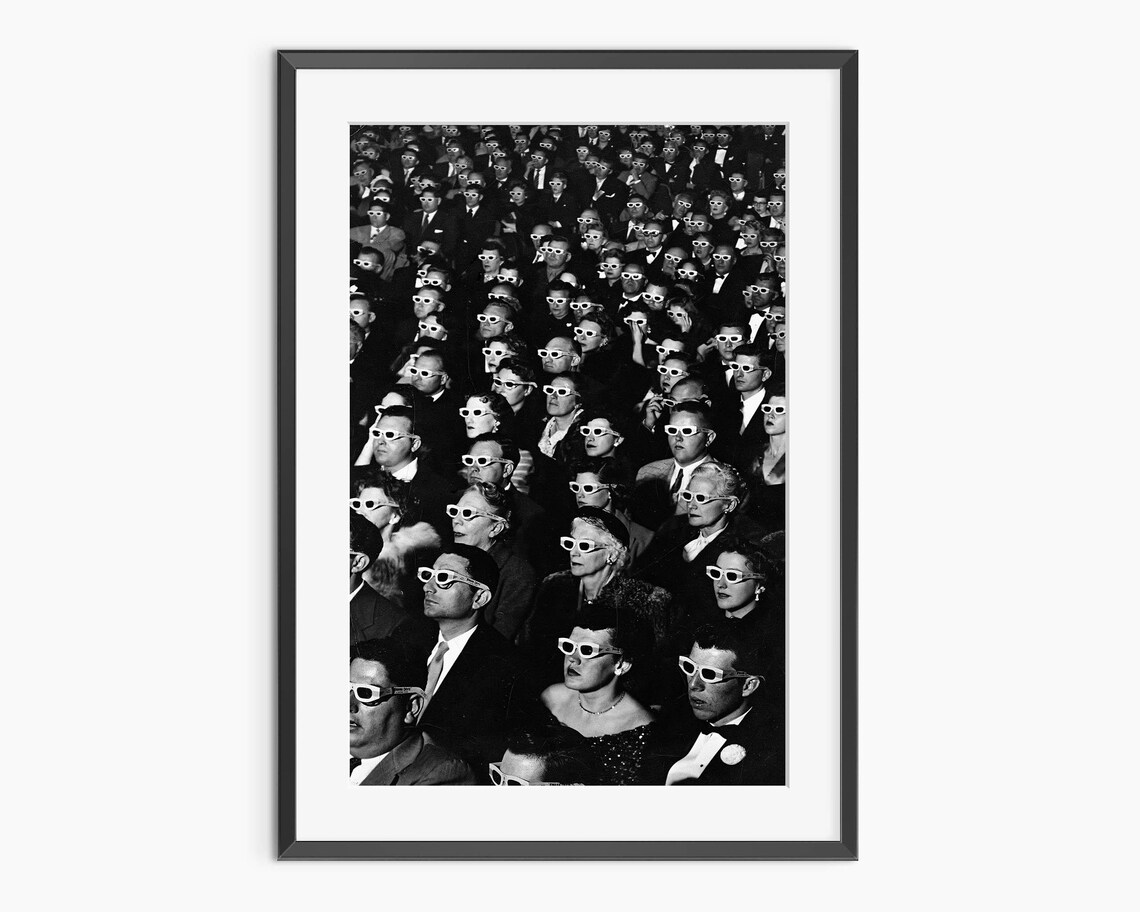 Vintage 3D Movie Theater Audience Black And White Photography Print