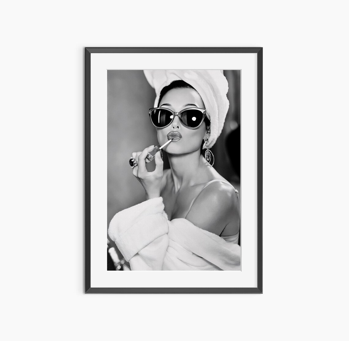 Audrey Hepburn Lipstick Sunglasses Iconic Black and White Photo Print