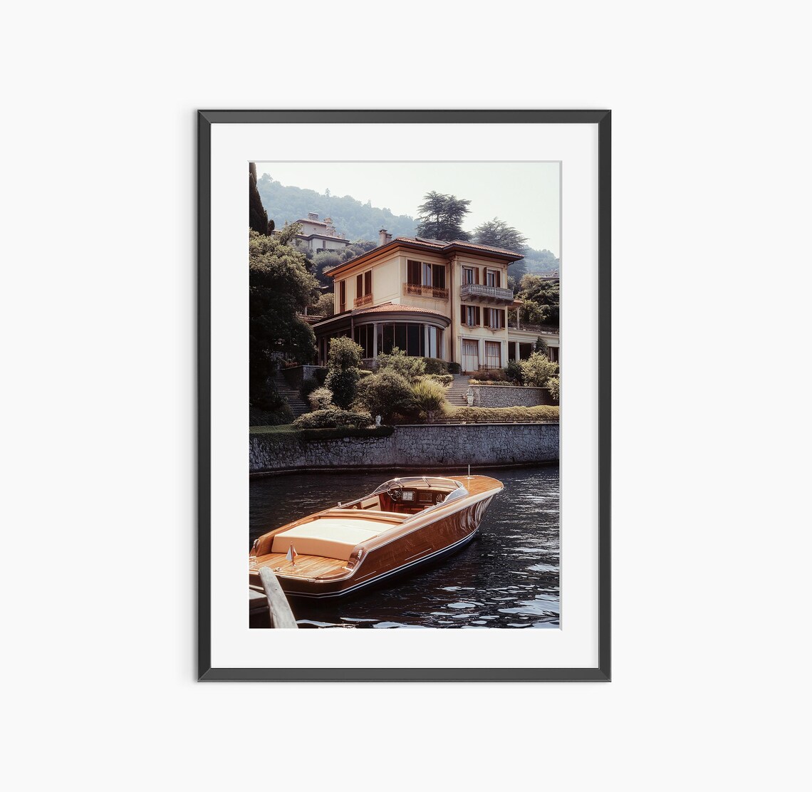 Classic Wooden Yacht By Lake Villa Old Money Summer Elegance Photo Poster