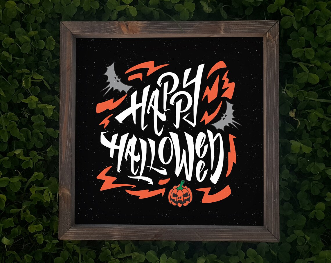 Happy Halloween Graffiti Bats Pumpkin Black Farmhouse Wood Sign Wall Art