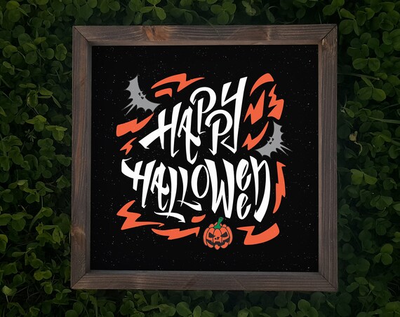 Happy Halloween Graffiti Bats Pumpkin Black Farmhouse Wood Sign Wall Art