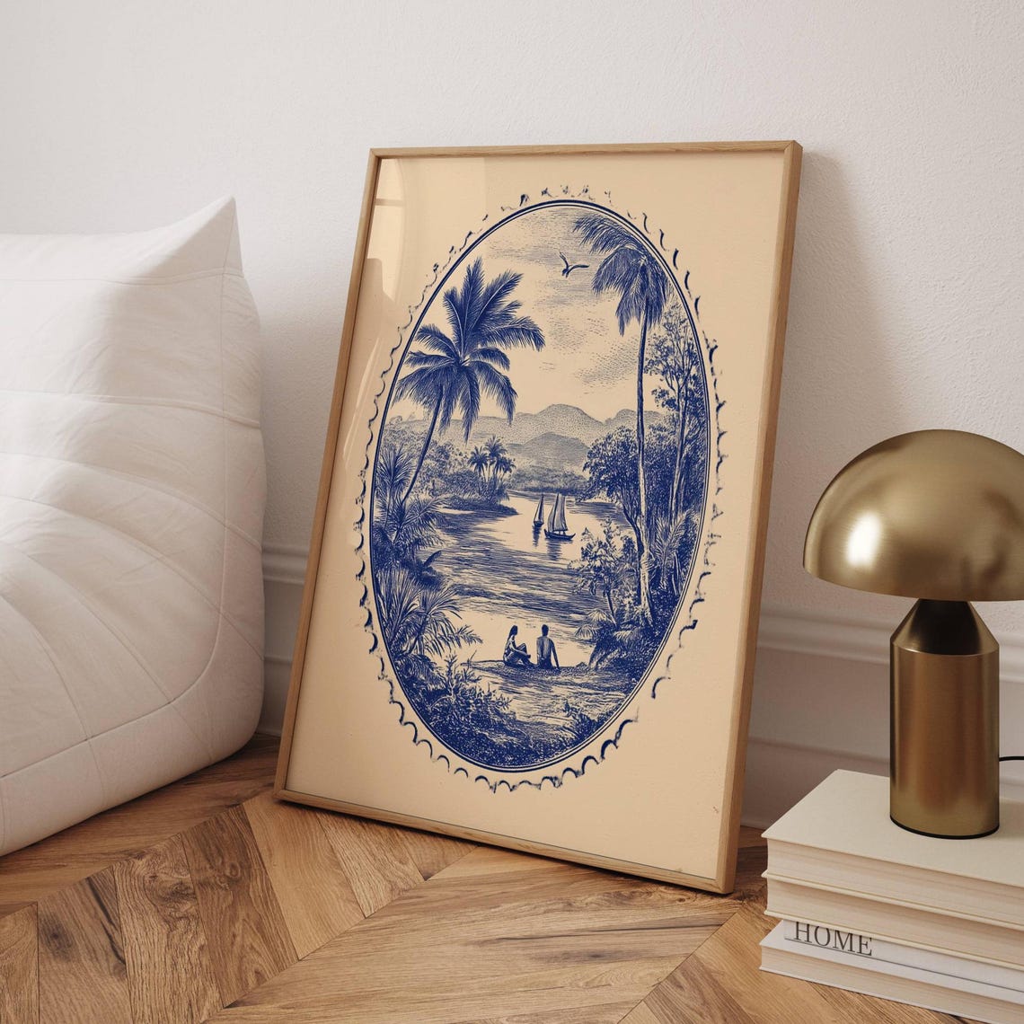 Vintage Blue Stamp Tropical Palm Bay Engraving Style Art Poster