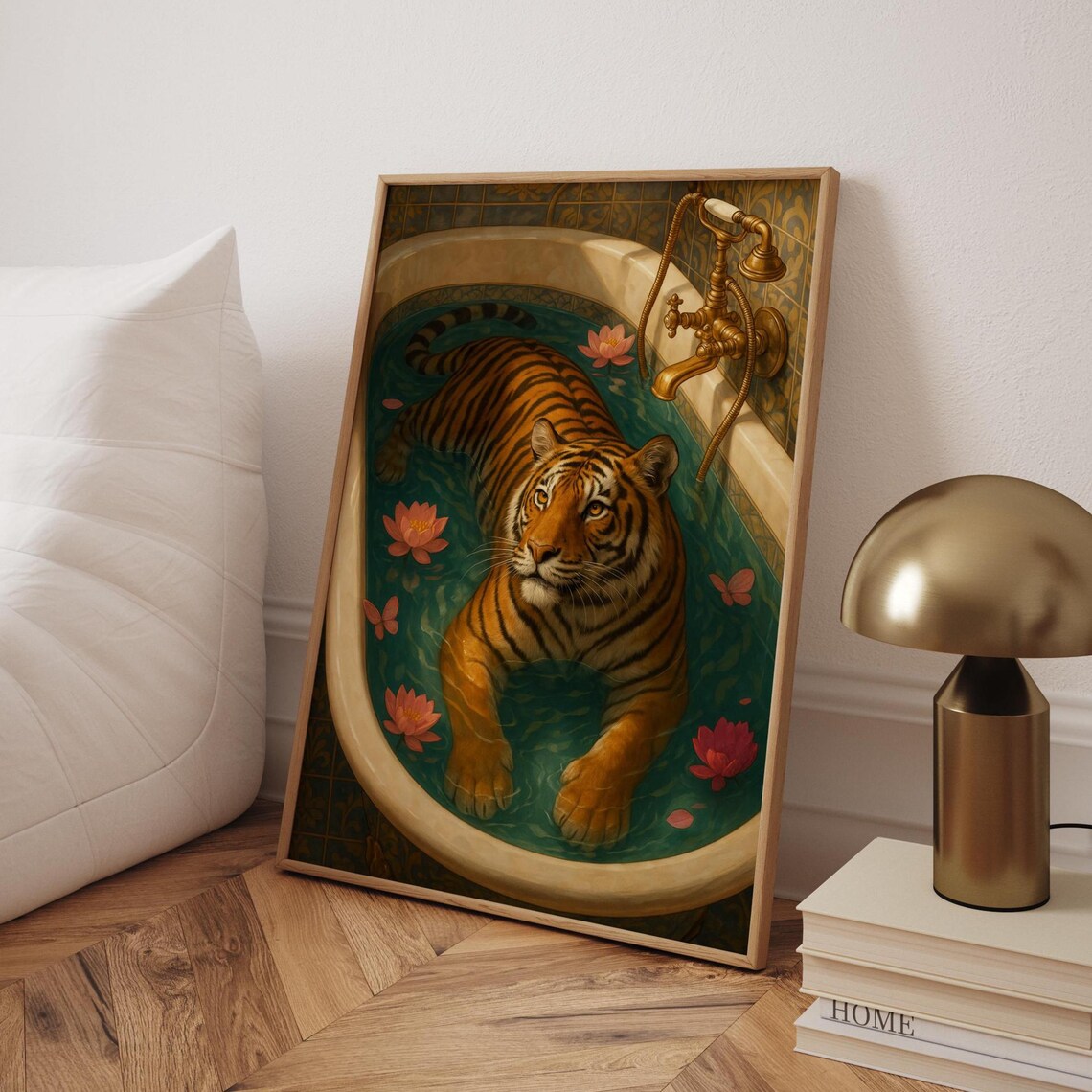 Tiger In Bathtub Art Print Vintage Bathroom Decor Exotic Animal