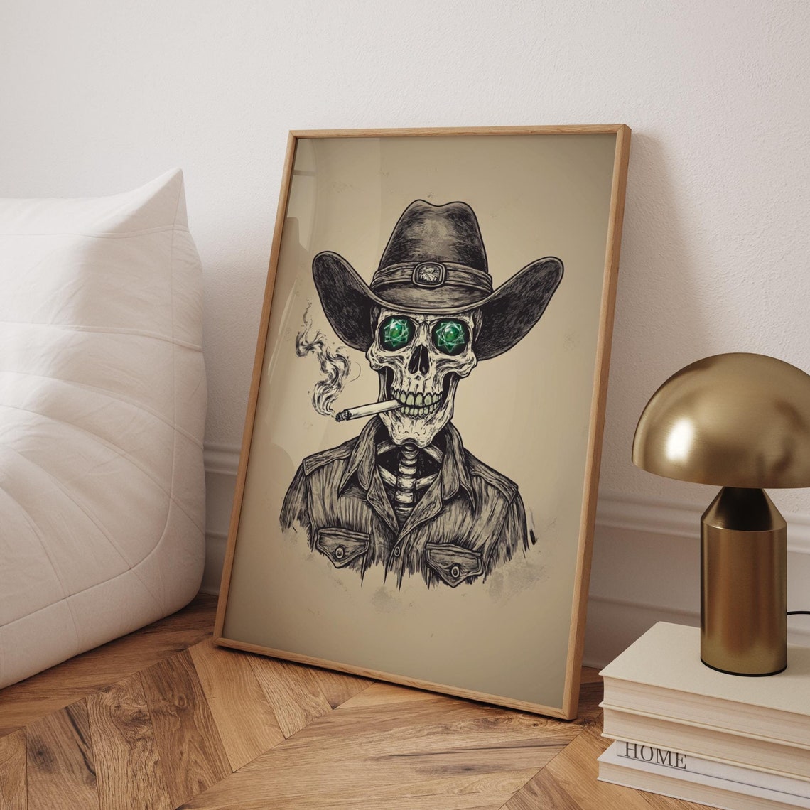 Skeleton Cowboy Print Emerald Eyes Western Bar Art