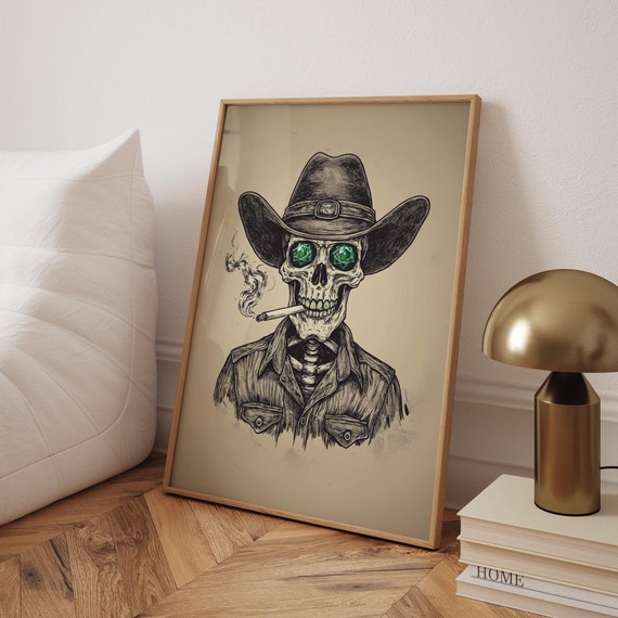 Skeleton Cowboy Print Emerald Eyes Western Bar Art