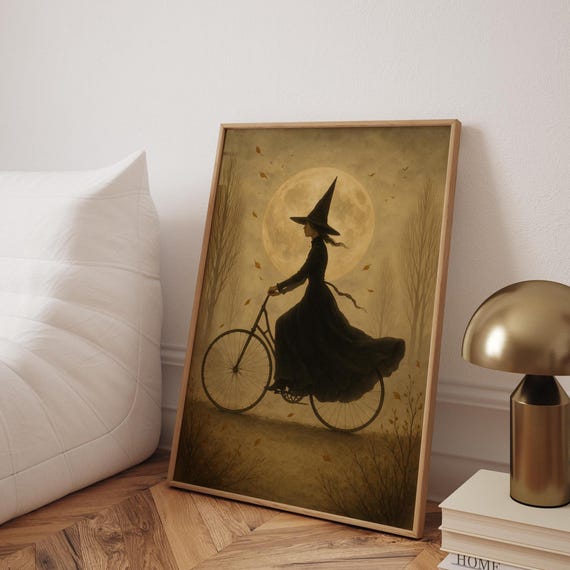 Vintage Halloween Witch Print Gothic Full Moon Pennyfarthing Art