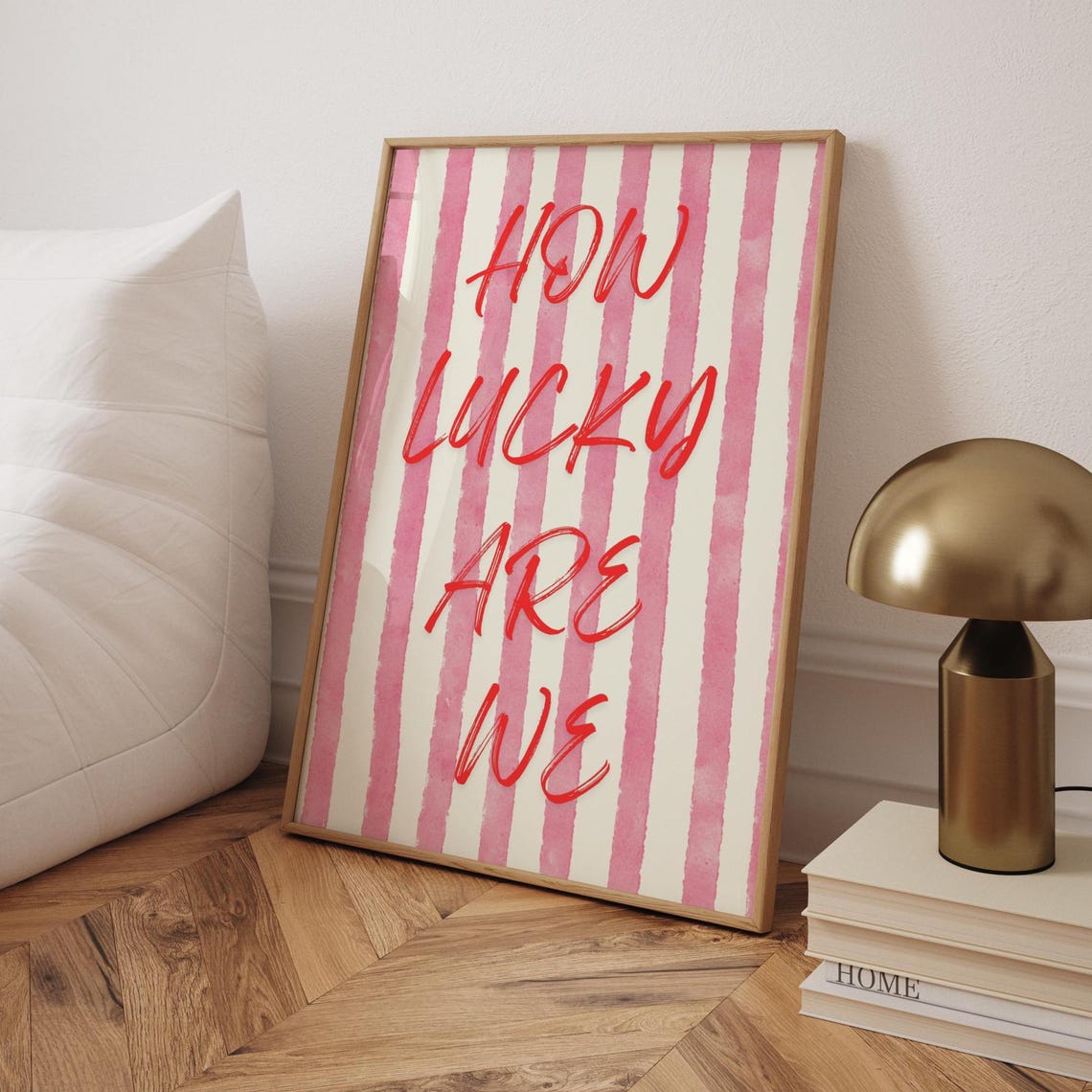 How Lucky Are We Print Pink Stripes Inspirational Quote Modern Minimalist Wall Art