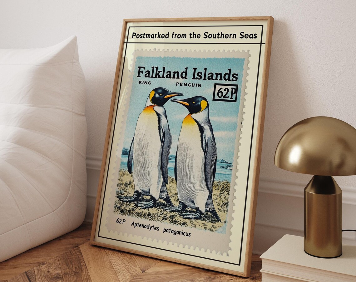 King Penguin Falkland Islands Vintage Postage Stamp Art Poster