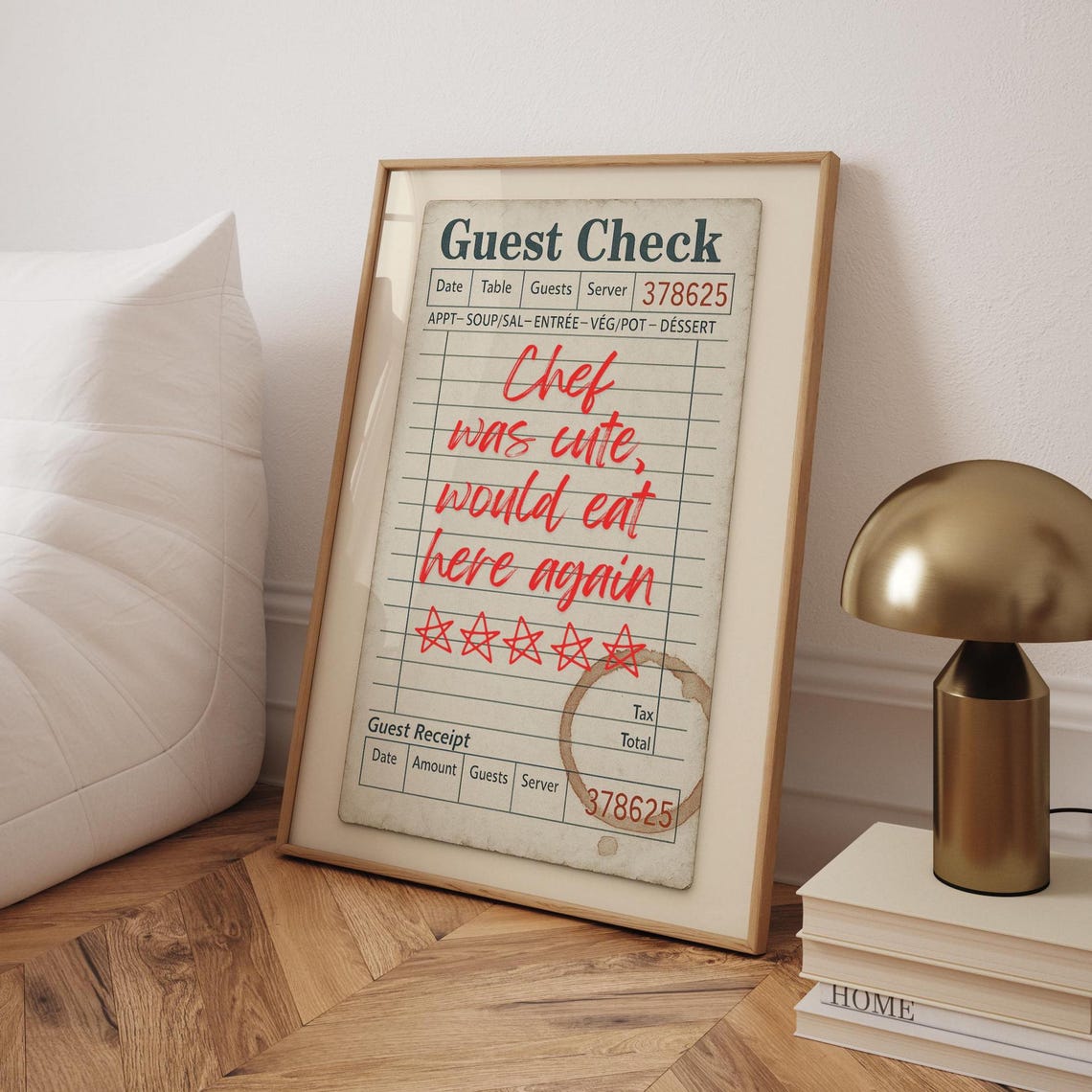 Funny Vintage Guest Check Chef Was Cute Five Star Kitchen Quote Print