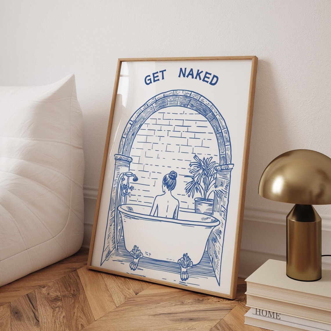 Get Naked Cheeky Bathroom Clawfoot Tub Vintage Blue Line Art Poster