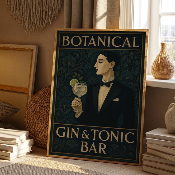 Art Deco Gin Tonic Bar Poster Botanical Cocktail Print 1920s Tuxedo Man Vintage Speakeasy Decor Home Cart Sign Lover Gift