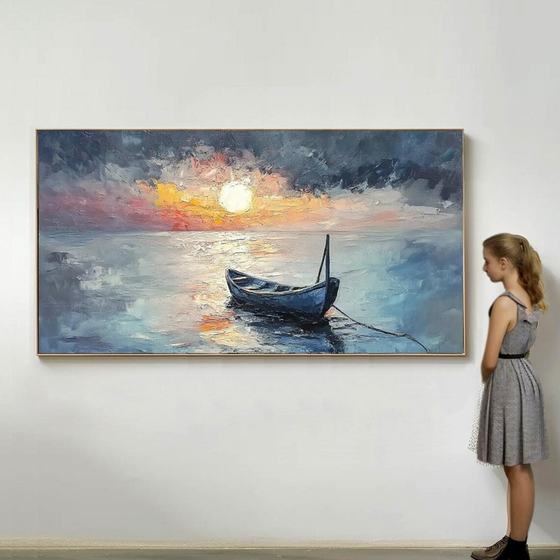 Lone Wooden Boat Drifting Under Moonlight On Calm Night Sea Art Poster