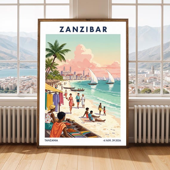Zanzibar Beach Scene Art Print Vintage Travel Illustration