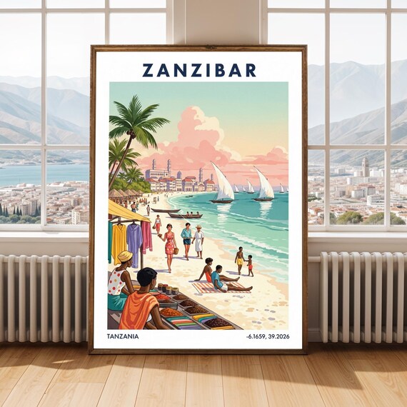 Zanzibar Tanzania Beach and Dhows Retro Island Travel Poster
