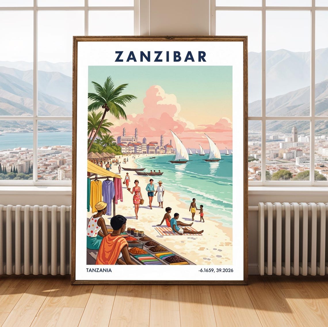 Zanzibar Tanzania Beach and Dhows Retro Island Travel Poster