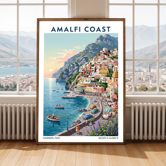 Amalfi Coast Art Print Mediterranean Coastal Landscape Illustration