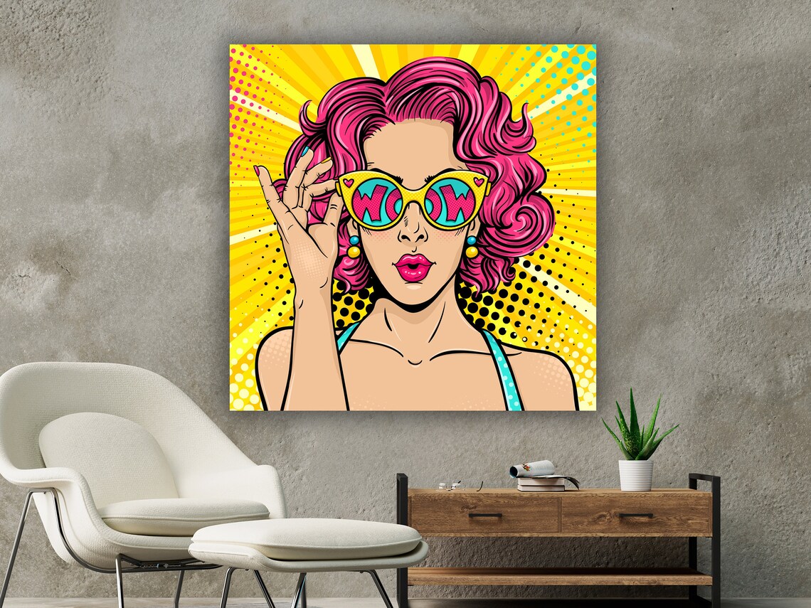 WOW Sunglasses Pink Hair Pop Art Comic Style Woman Retro Poster - Image 2
