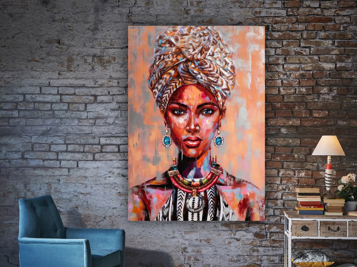 African Woman Colorful Portrait Headwrap Beaded Jewelry Wall Art Print