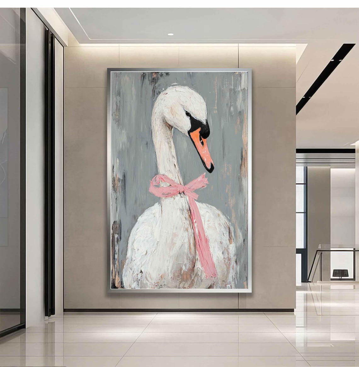 White Swan With Pink Ribbon Bow Whimsical Gray Background Art Print - Image 3