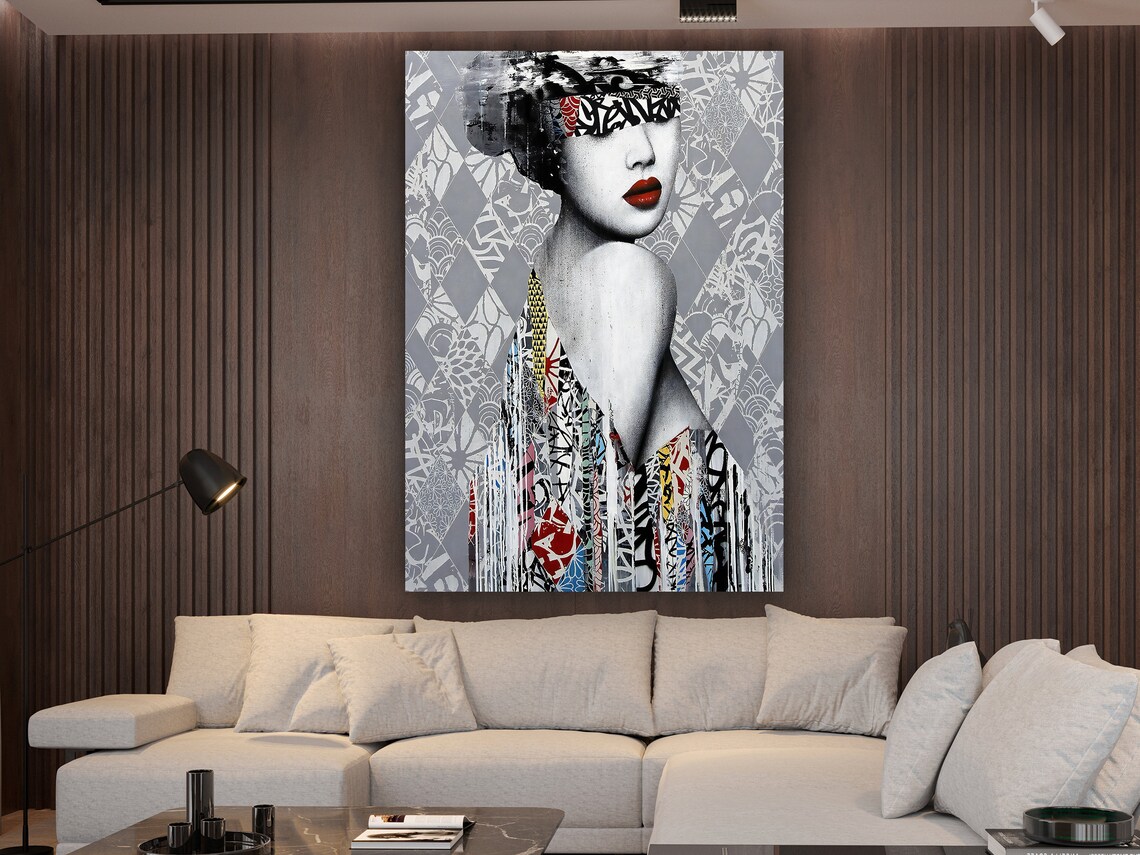 Geisha Graffiti Pop Art Portrait Red Lips Modern Wall Poster