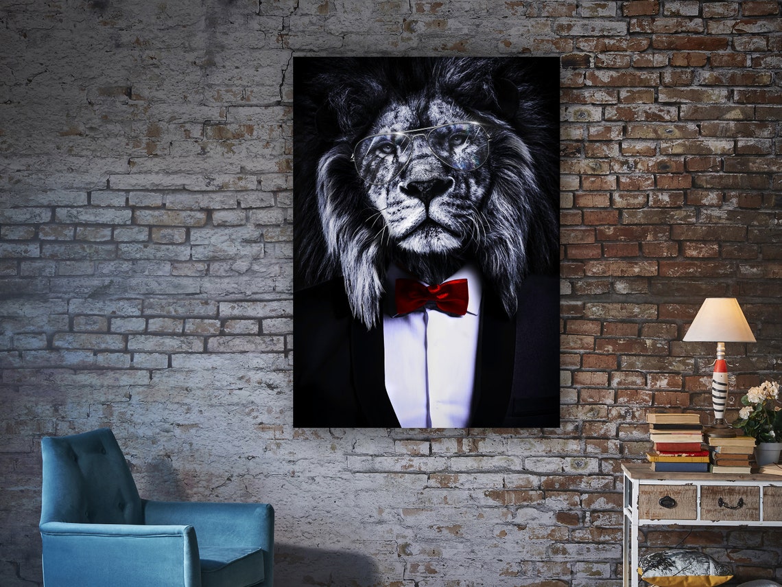 Lion In Suit Red Bow Tie Glasses Funny Animal Portrait Poster - Image 2