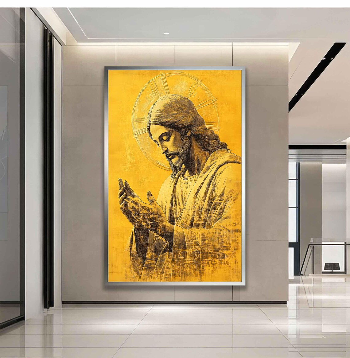 Golden Jesus Christ Portrait With Halo In Engraved Sketch Style Poster - Image 3
