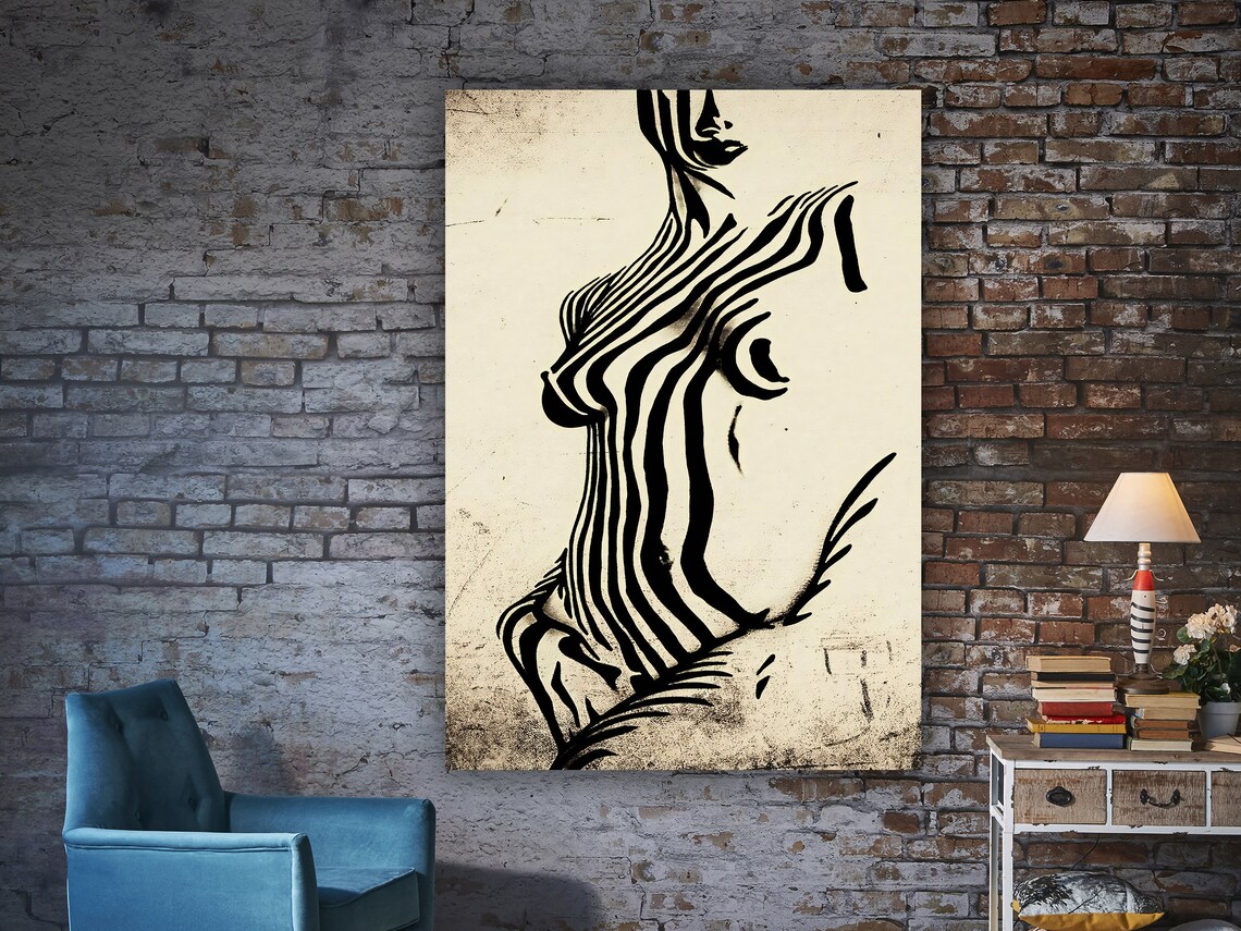 Zebra Stripe Woman Silhouette Line Art Black White Body Poster - Image 3
