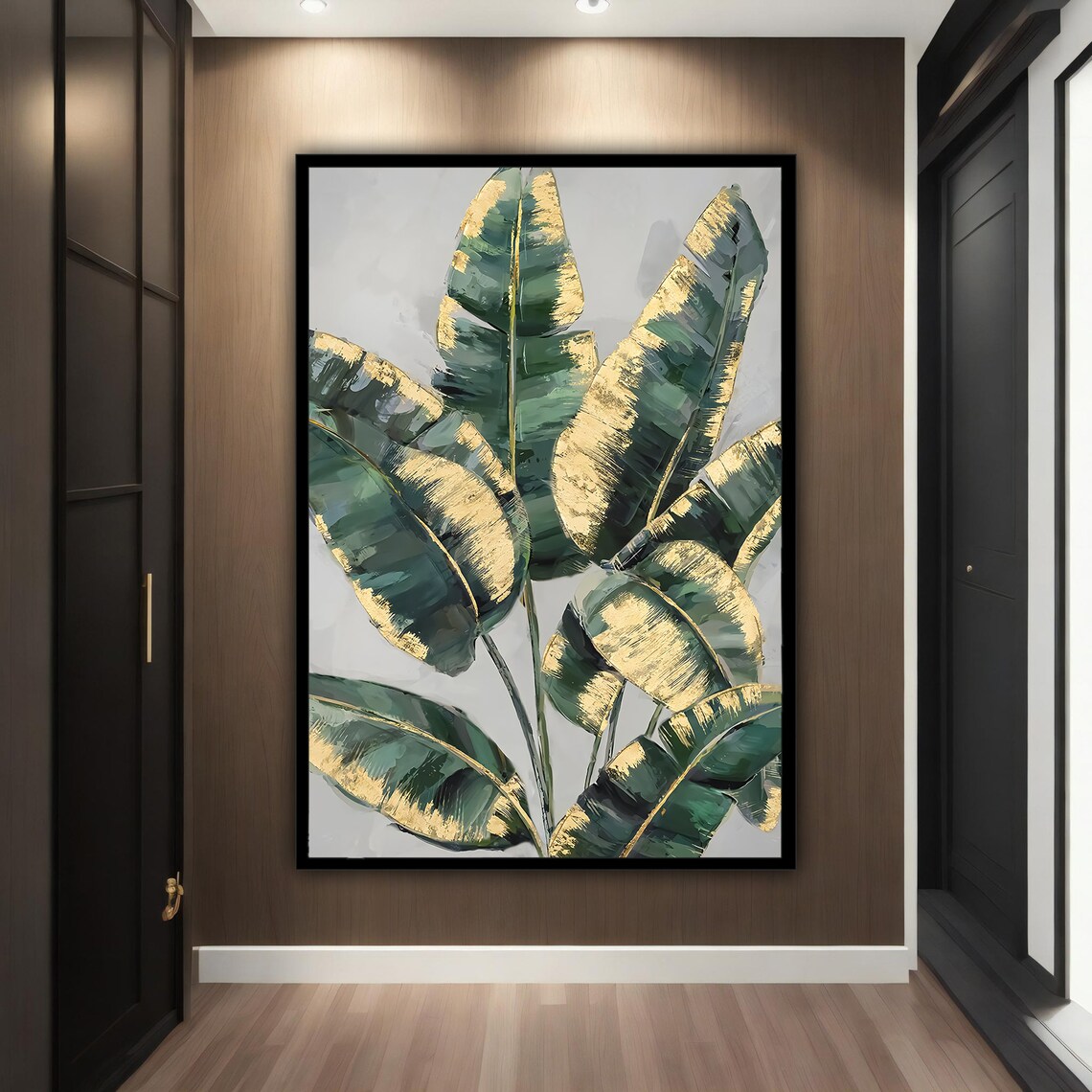 Lush Tropical Banana Leaves Green Gold Modern Botanical Wall Art