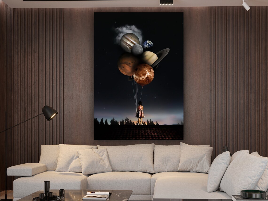 Girl Holding Planet Balloons Rooftop Night Sky Dreamlike Surreal Art Print - Image 2