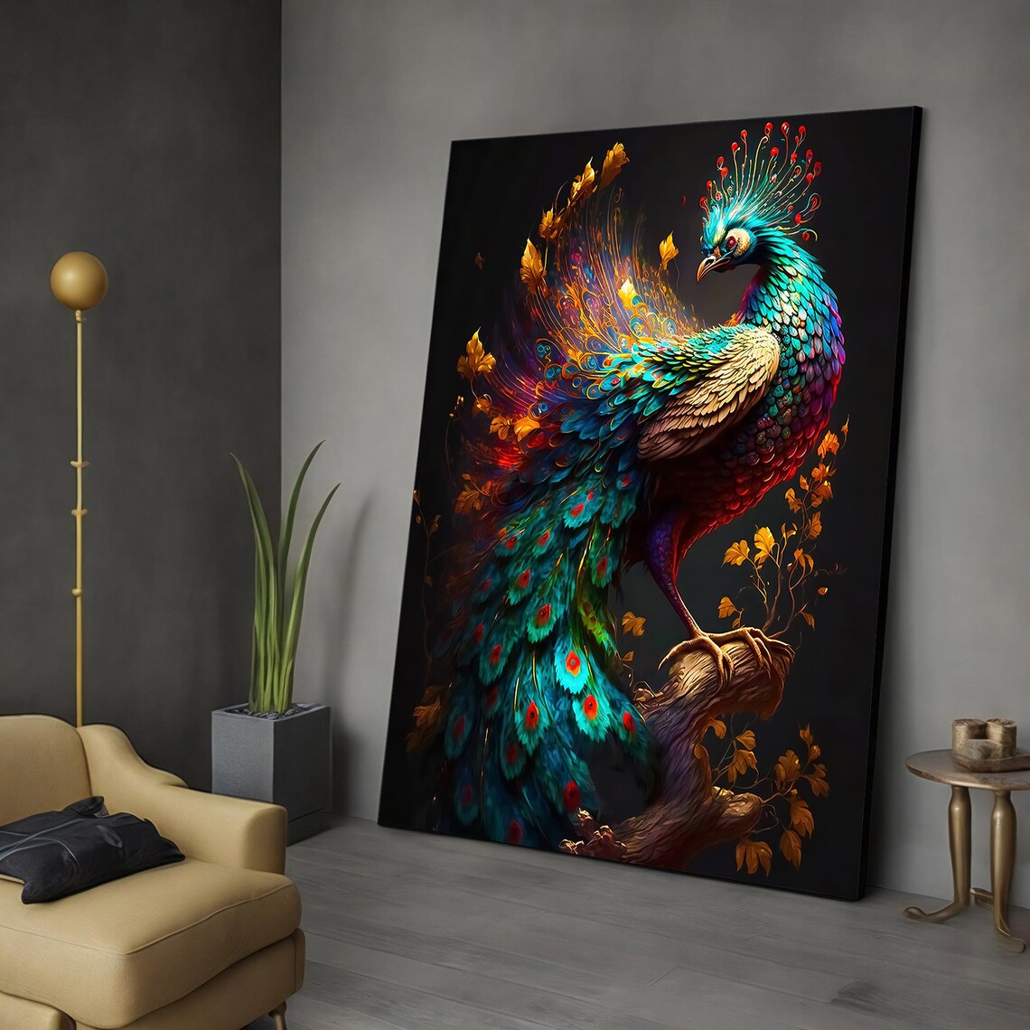Fantasy Peacock Golden Leaves Dark Background Jewel Tone Art Print