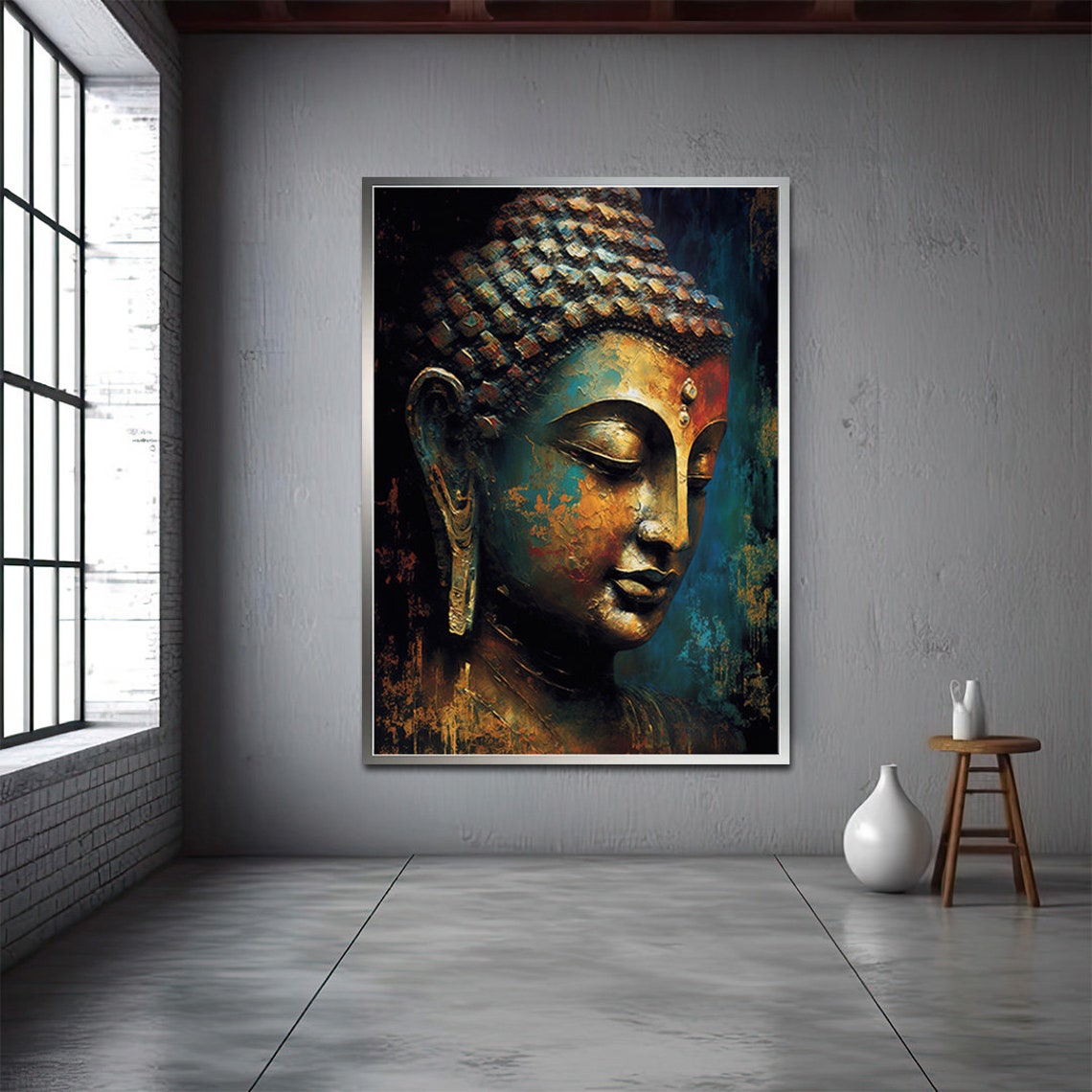 Serene Buddha Head Bronze Teal Patina Close Up Spiritual Art Print - Image 2
