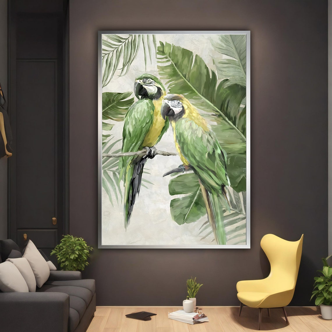 Two Green Parrots Palm Leaves Tropical Birds Painting Wall Poster - Image 2
