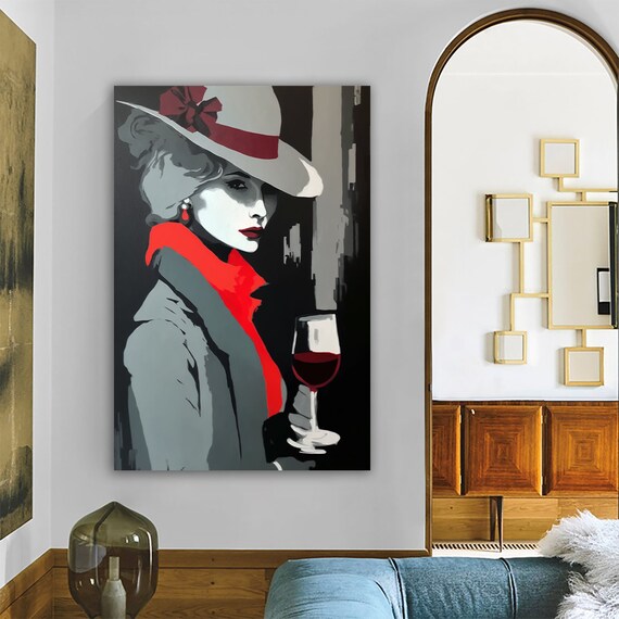 Mysterious Woman in White Hat Holding Red Wine Glass Dark Style Art Poster
