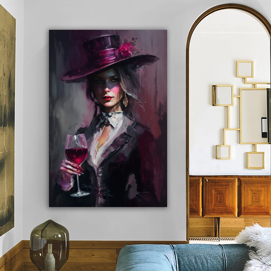 Mysterious Woman Wine Glass Dark Pink Hat Elegant Portrait Wall Art Print - Image 3