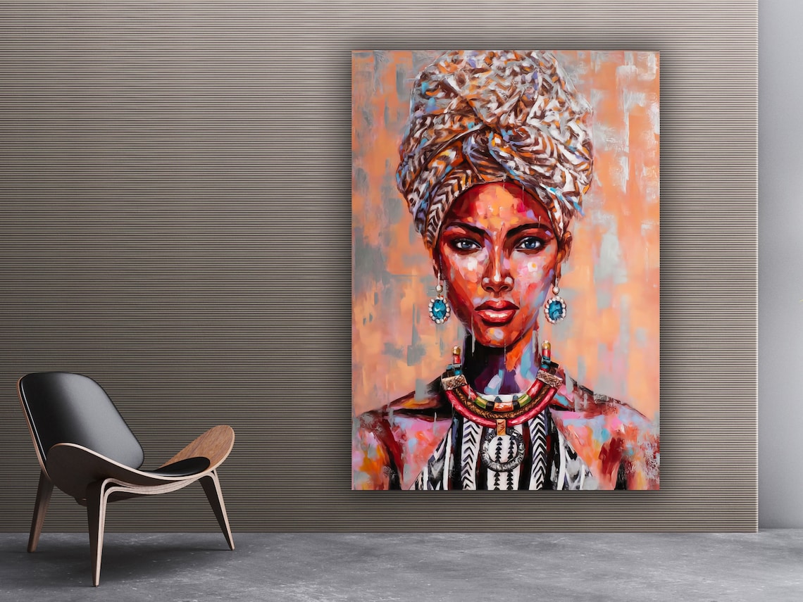 African Woman Colorful Portrait Headwrap Beaded Jewelry Wall Art Print - Image 3