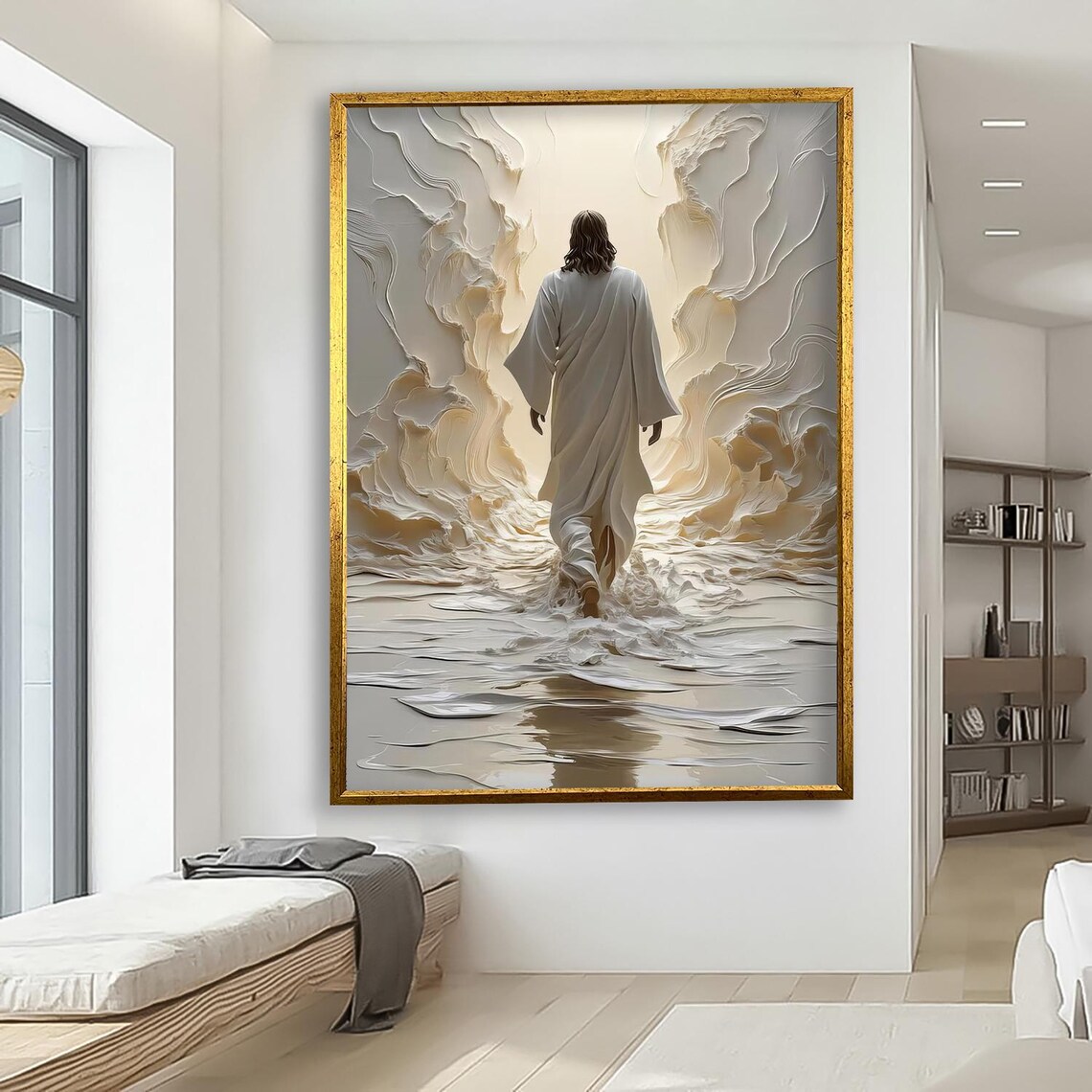Jesus Walking on Water White and Gold Textured Christian Faith Art Poster - Image 3