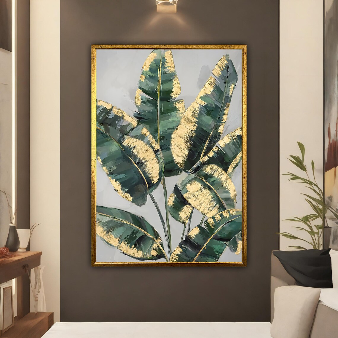 Lush Tropical Banana Leaves Green Gold Modern Botanical Wall Art - Image 3