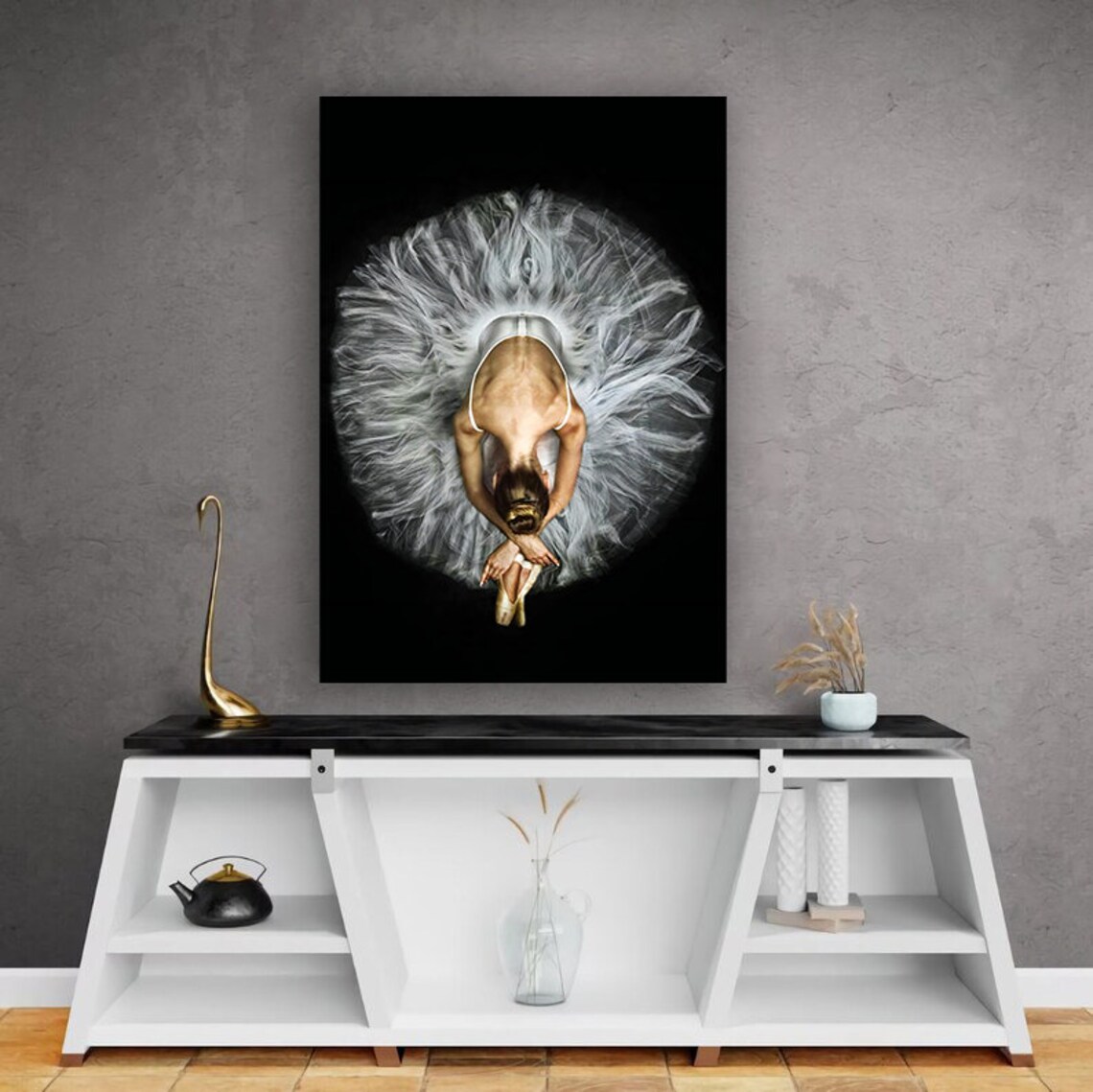 Aerial View Ballerina White Tutu Halo Pointe Shoes Black Art Print - Image 3